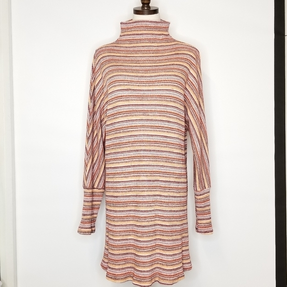 Lulus Orange Striped Mock Turtle Neck Dolman Sleeve Sweater Knit Short Dress, L - Picture 1 of 12